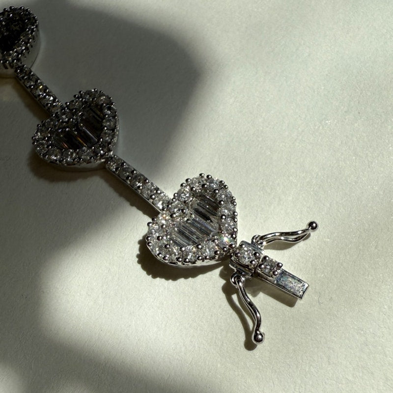 14k White Gold Diamond Heart Tennis Bracelet with Baguette & Round Diamonds