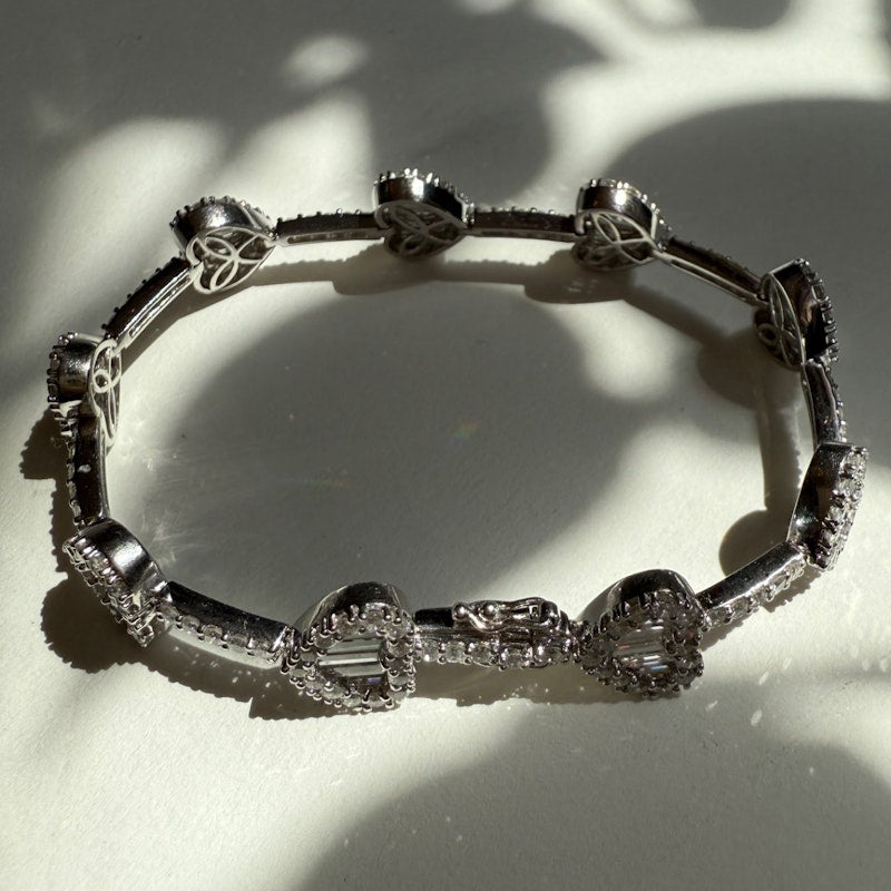 14k White Gold Diamond Heart Tennis Bracelet with Baguette & Round Diamonds