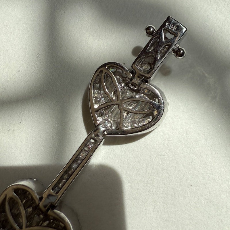 14k White Gold Diamond Heart Tennis Bracelet with Baguette & Round Diamonds