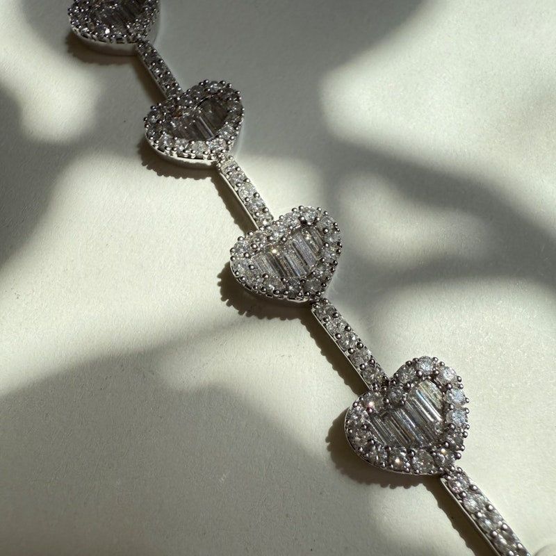 14k White Gold Diamond Heart Tennis Bracelet with Baguette & Round Diamonds