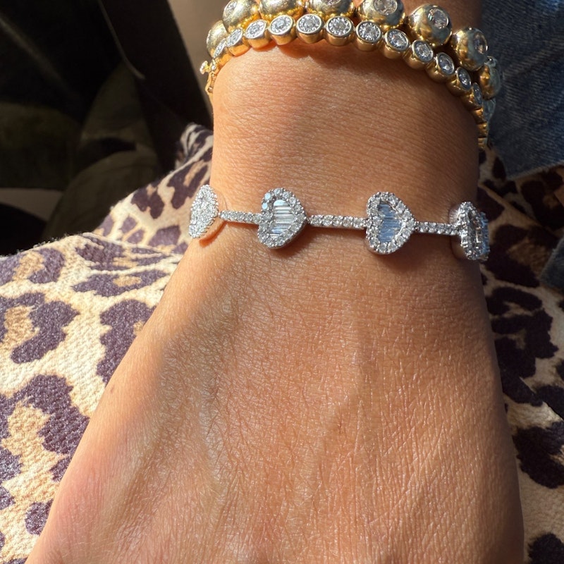 14k White Gold Diamond Heart Tennis Bracelet with Baguette & Round Diamonds
