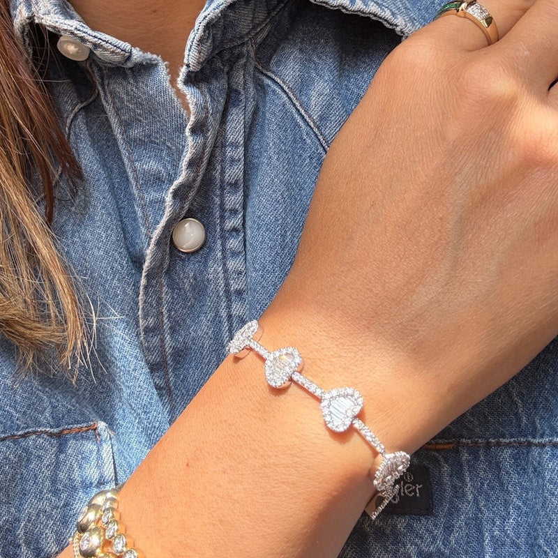 14k White Gold Diamond Heart Tennis Bracelet with Baguette & Round Diamonds