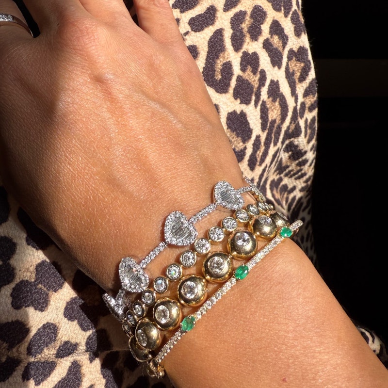 14k White Gold Diamond Heart Tennis Bracelet with Baguette & Round Diamonds