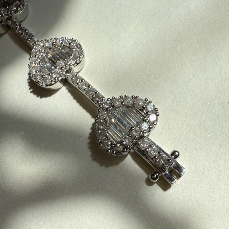 14k White Gold Diamond Heart Tennis Bracelet with Baguette & Round Diamonds