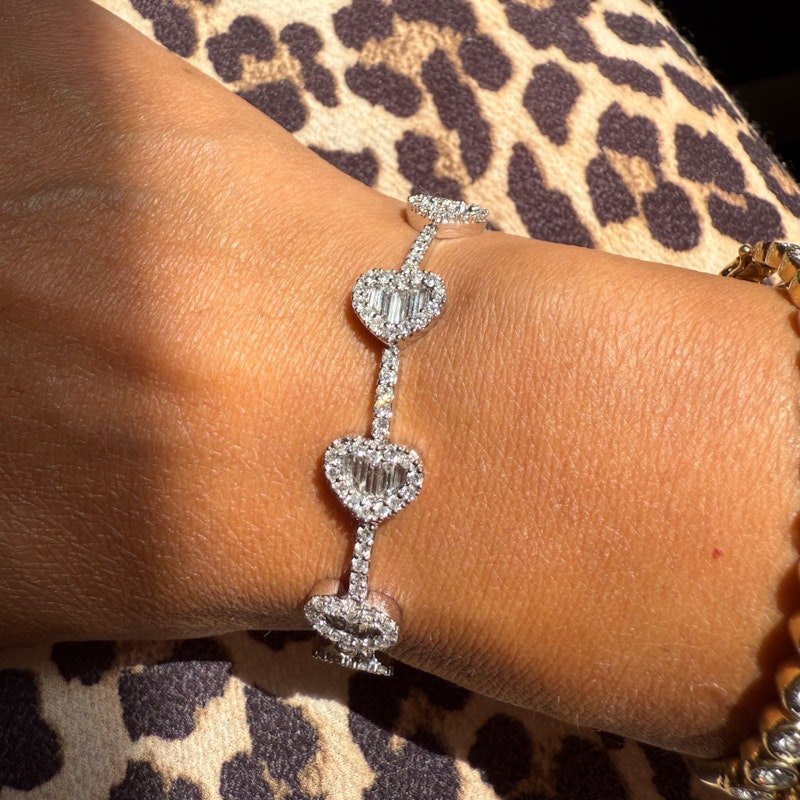 14k White Gold Diamond Heart Tennis Bracelet with Baguette & Round Diamonds