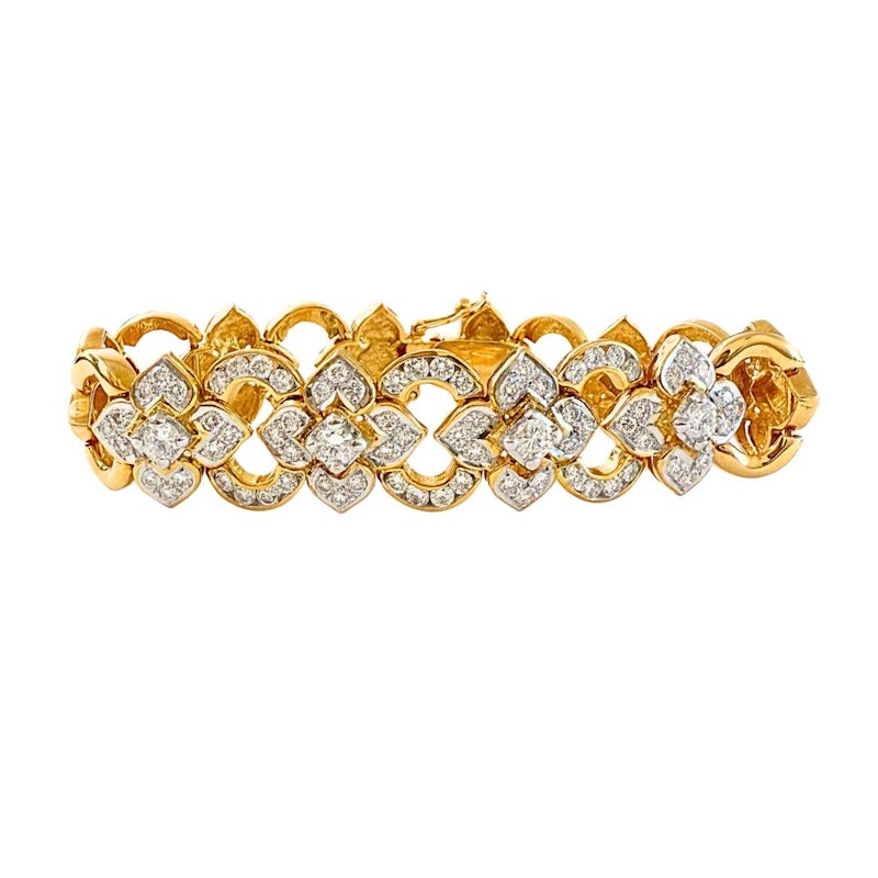 Vintage 18k Yellow Gold Diamond Floral & Oval Link Bracelet