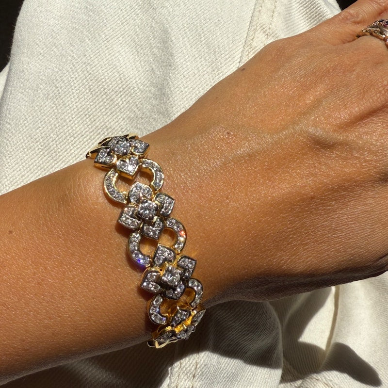 Vintage 18k Yellow Gold Diamond Floral & Oval Link Bracelet