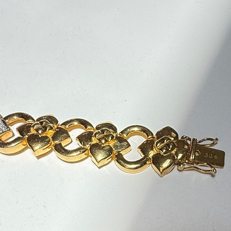 Vintage 18k Yellow Gold Diamond Floral & Oval Link Bracelet