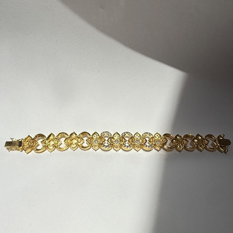 Vintage 18k Yellow Gold Diamond Floral & Oval Link Bracelet