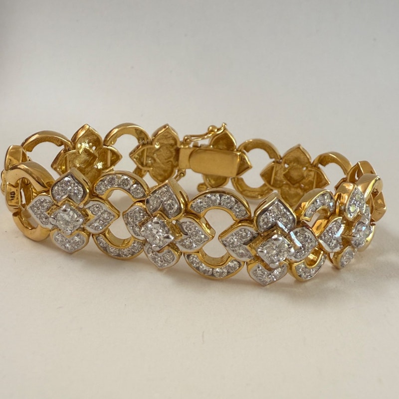 Vintage 18k Yellow Gold Diamond Floral & Oval Link Bracelet