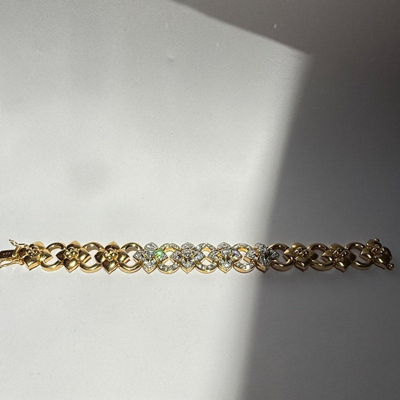 Vintage 18k Yellow Gold Diamond Floral & Oval Link Bracelet