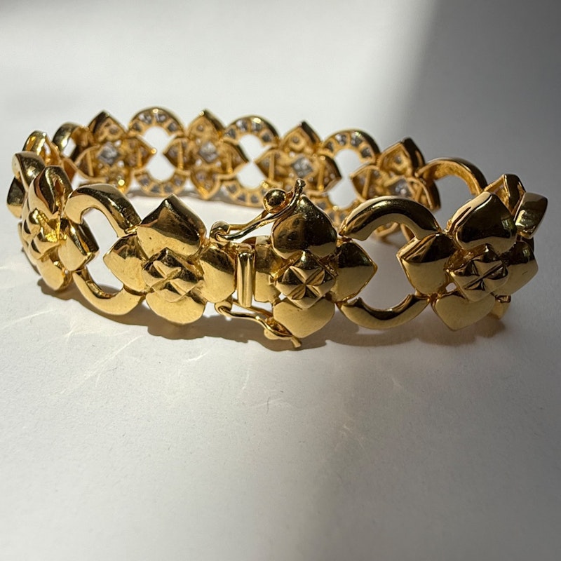 Vintage 18k Yellow Gold Diamond Floral & Oval Link Bracelet