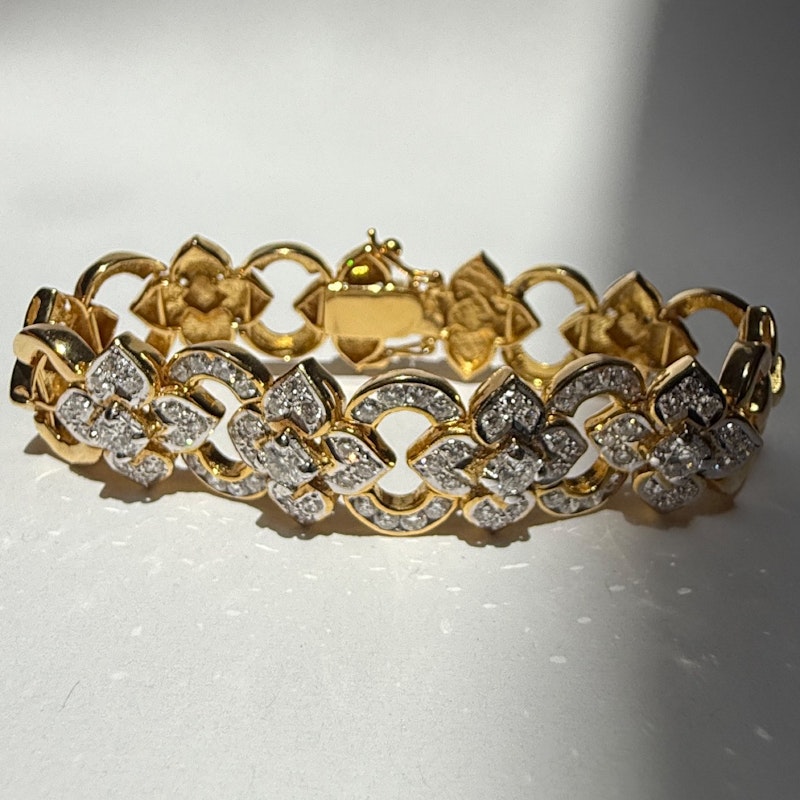 Vintage 18k Yellow Gold Diamond Floral & Oval Link Bracelet