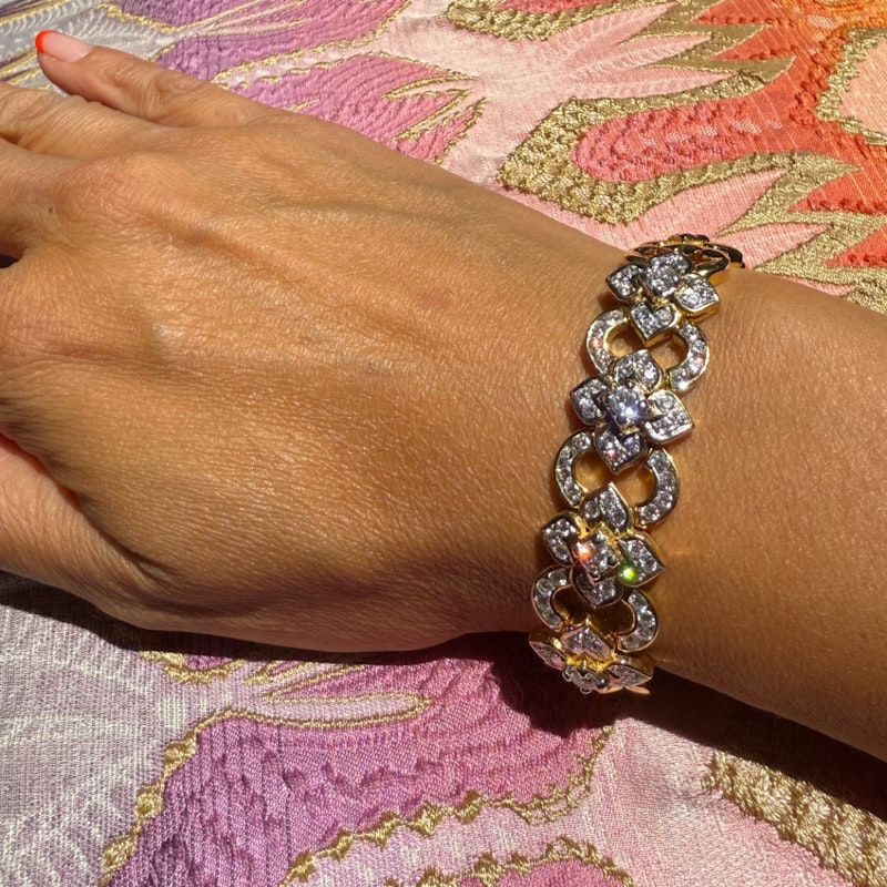 Vintage 18k Yellow Gold Diamond Floral & Oval Link Bracelet