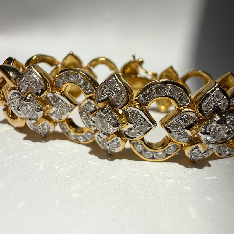 Vintage 18k Yellow Gold Diamond Floral & Oval Link Bracelet