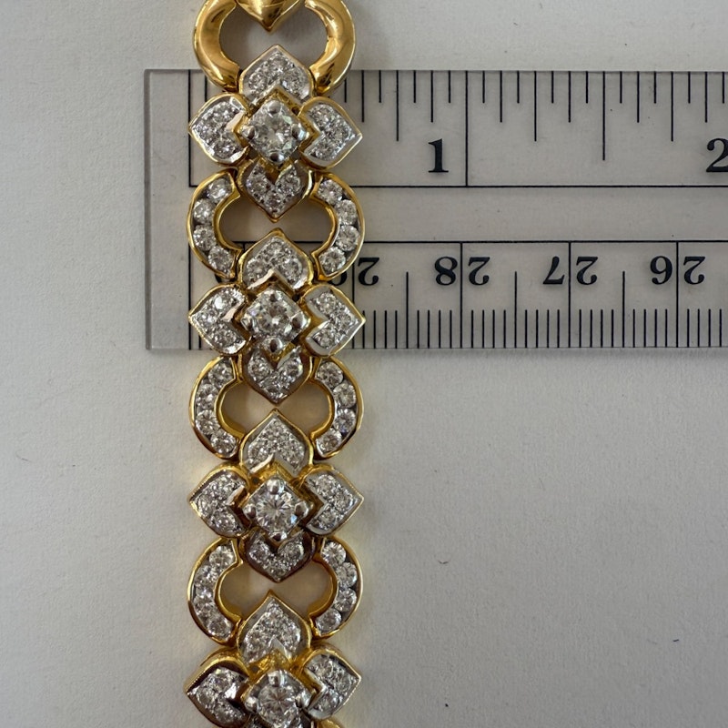 Vintage 18k Yellow Gold Diamond Floral & Oval Link Bracelet