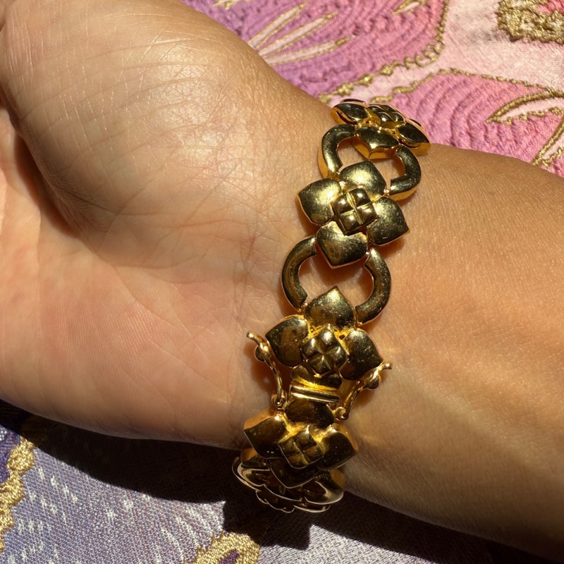 Vintage 18k Yellow Gold Diamond Floral & Oval Link Bracelet