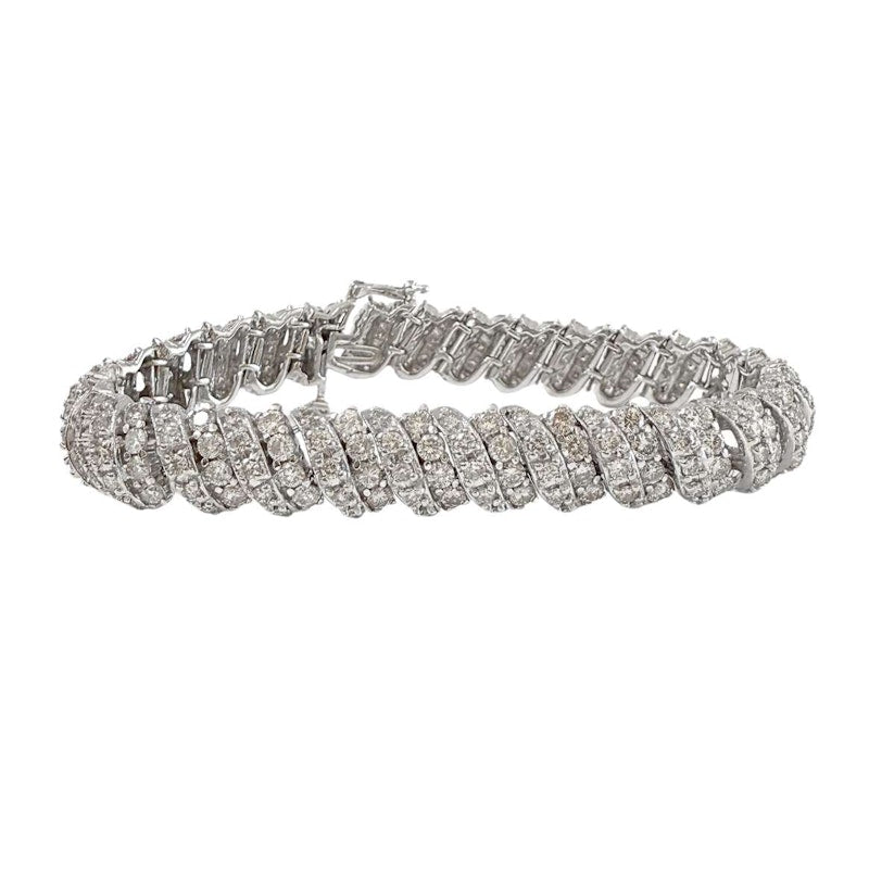14k White Gold Round Diamond Spiral Link Tennis Bracelet