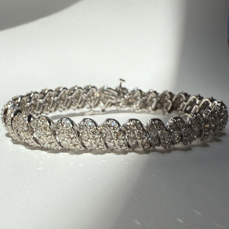14k White Gold Round Diamond Spiral Link Tennis Bracelet
