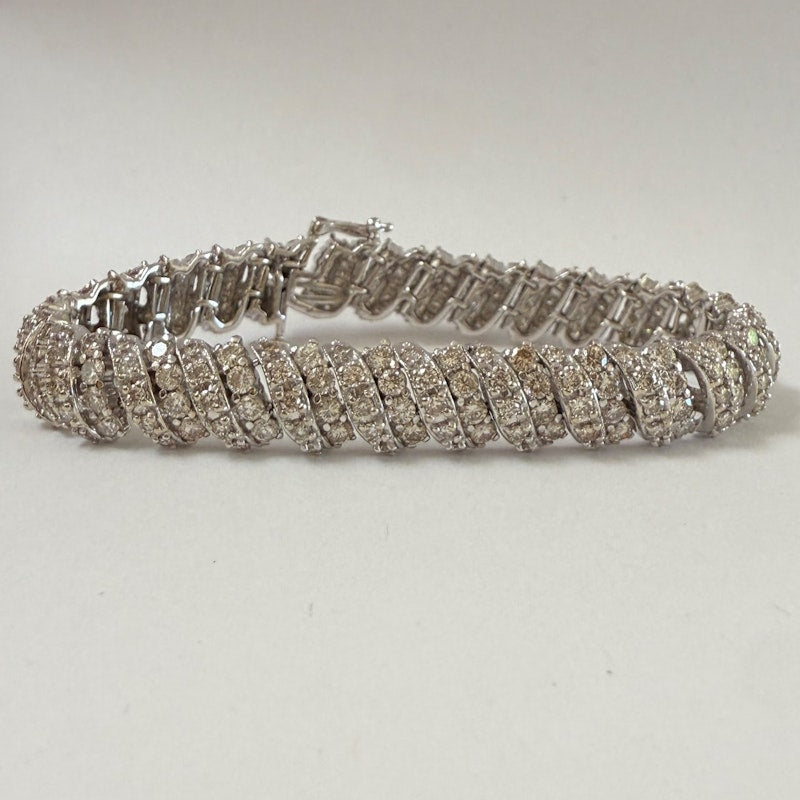 14k White Gold Round Diamond Spiral Link Tennis Bracelet