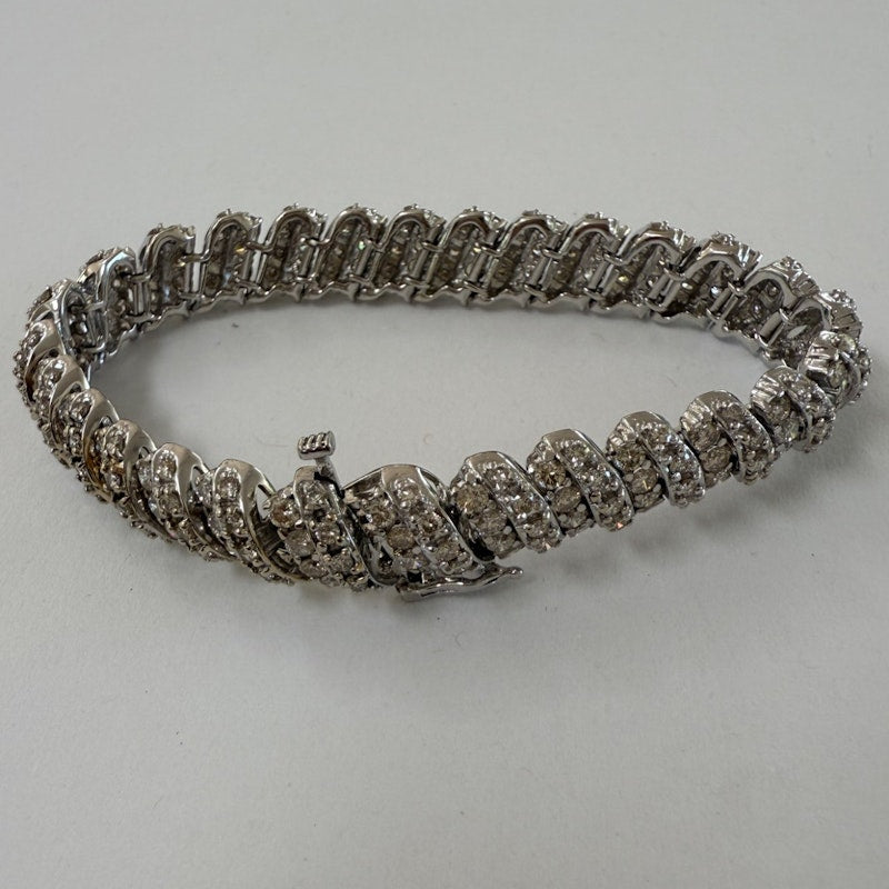 14k White Gold Round Diamond Spiral Link Tennis Bracelet