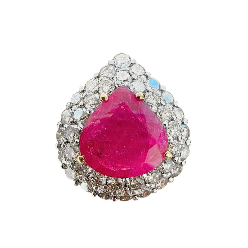 14k Yellow Gold Pear-Shaped Ruby & Diamond Halo Ring