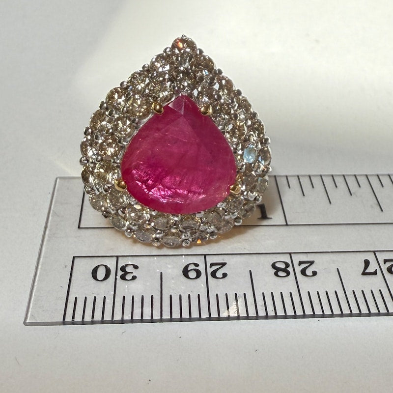 14k Yellow Gold Pear-Shaped Ruby & Diamond Halo Ring