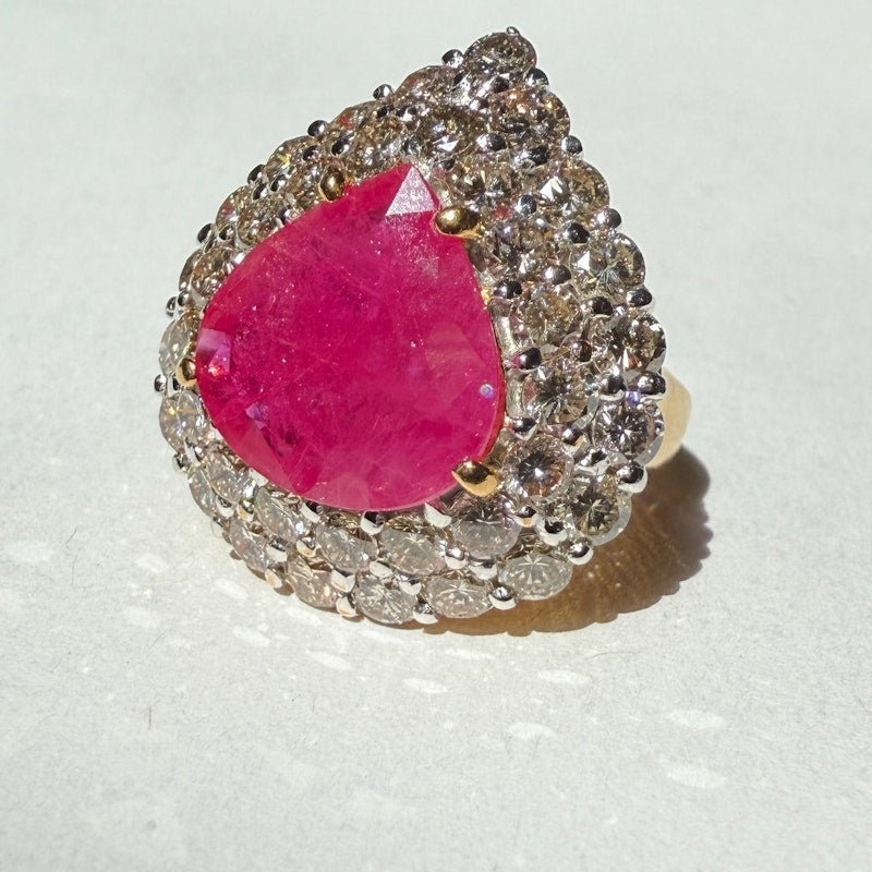 14k Yellow Gold Pear-Shaped Ruby & Diamond Halo Ring