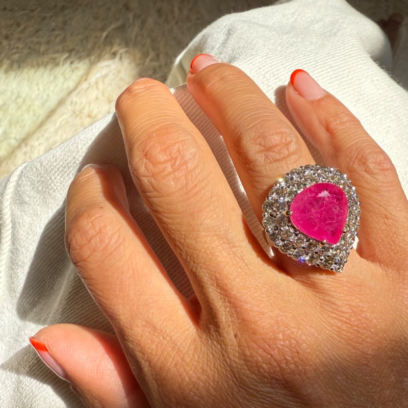 14k Yellow Gold Pear-Shaped Ruby & Diamond Halo Ring