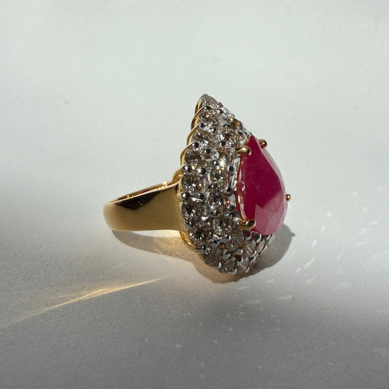 14k Yellow Gold Pear-Shaped Ruby & Diamond Halo Ring
