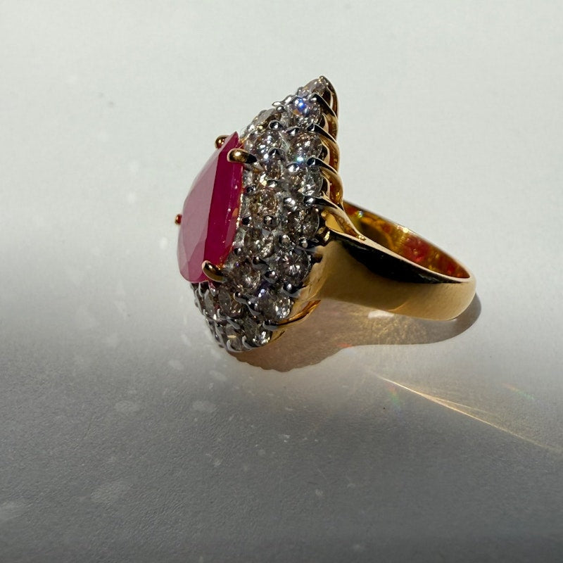 14k Yellow Gold Pear-Shaped Ruby & Diamond Halo Ring