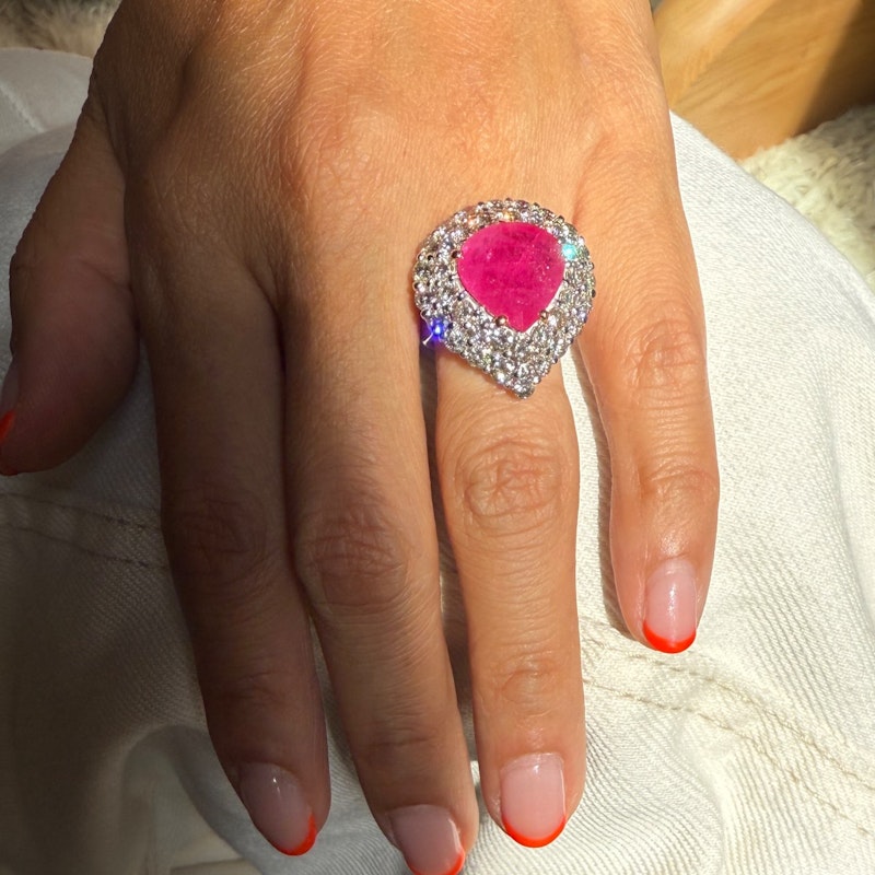 14k Yellow Gold Pear-Shaped Ruby & Diamond Halo Ring