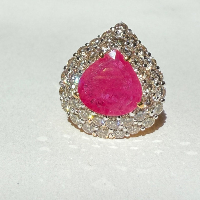 14k Yellow Gold Pear-Shaped Ruby & Diamond Halo Ring