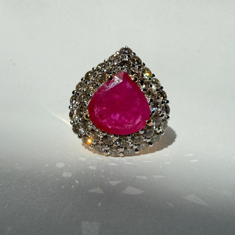 14k Yellow Gold Pear-Shaped Ruby & Diamond Halo Ring