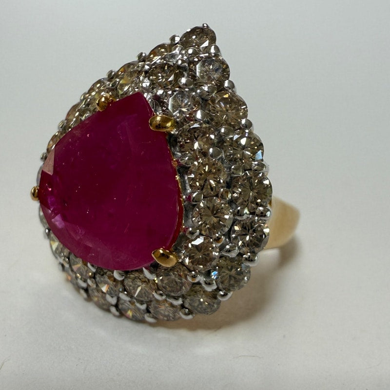 14k Yellow Gold Pear-Shaped Ruby & Diamond Halo Ring