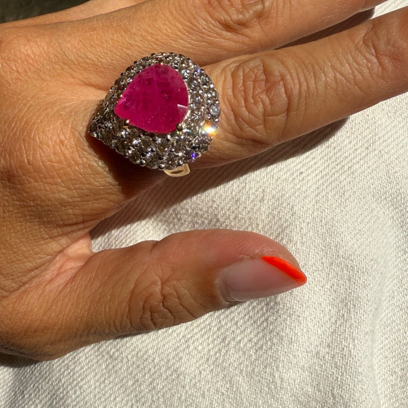 14k Yellow Gold Pear-Shaped Ruby & Diamond Halo Ring