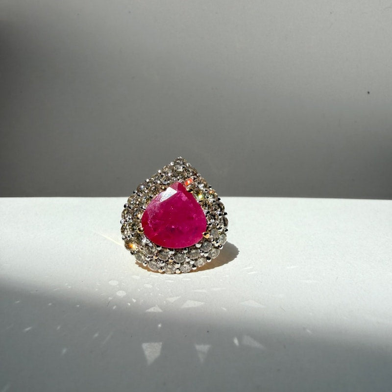 14k Yellow Gold Pear-Shaped Ruby & Diamond Halo Ring