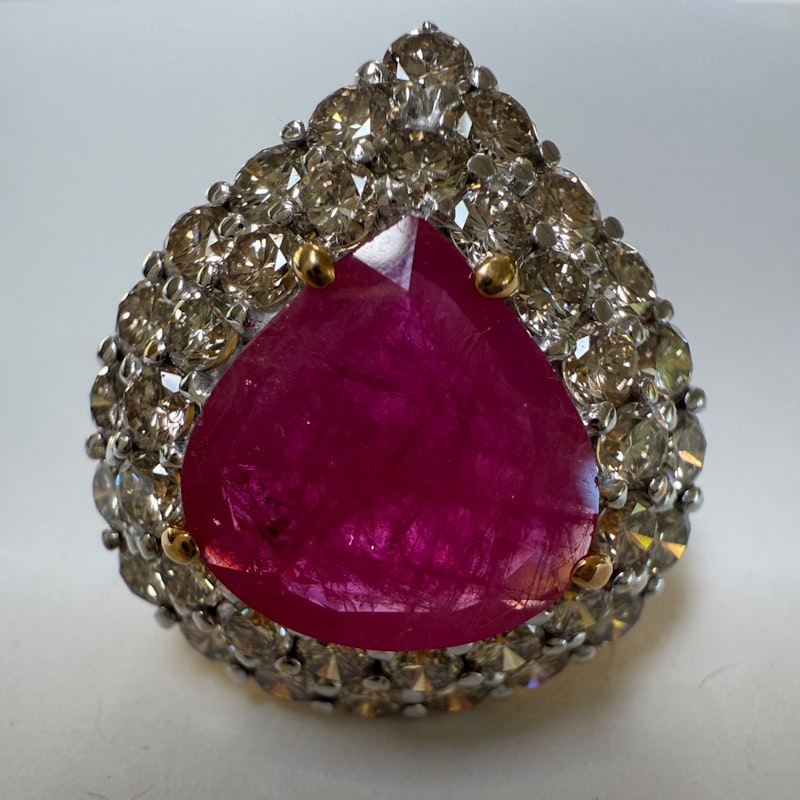 14k Yellow Gold Pear-Shaped Ruby & Diamond Halo Ring