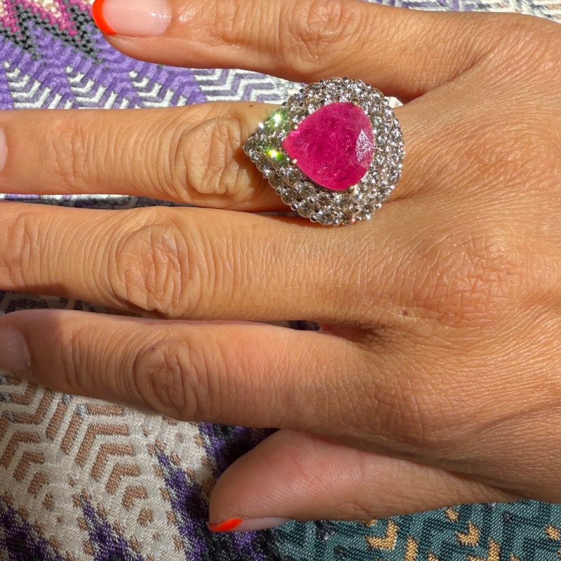 14k Yellow Gold Pear-Shaped Ruby & Diamond Halo Ring