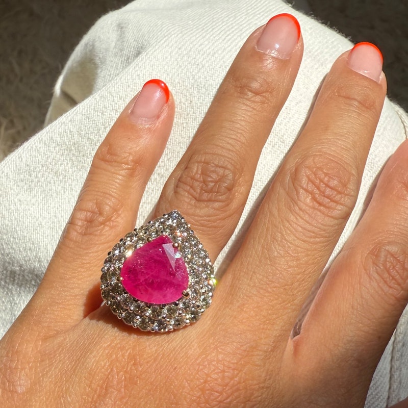 14k Yellow Gold Pear-Shaped Ruby & Diamond Halo Ring