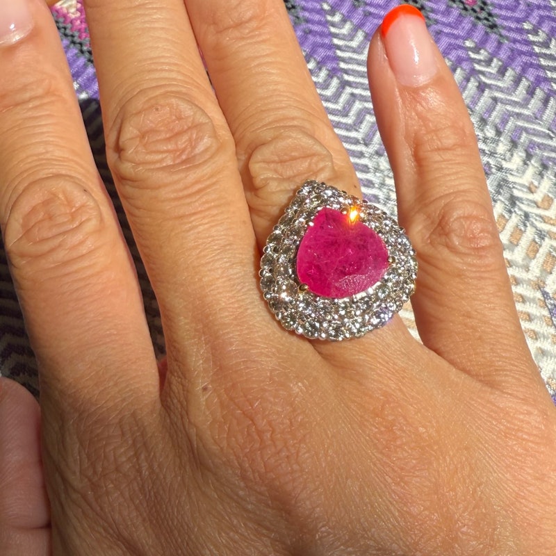 14k Yellow Gold Pear-Shaped Ruby & Diamond Halo Ring