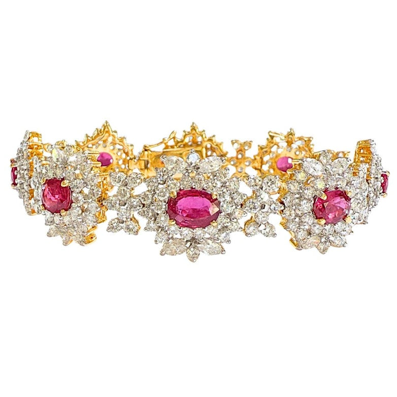 Vintage 18k Yellow Gold Ruby & Diamond Cluster Tennis Bracelet