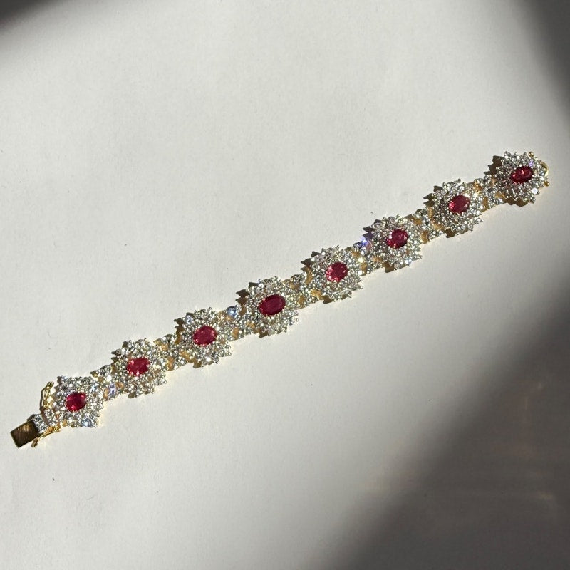 Vintage 18k Yellow Gold Ruby & Diamond Cluster Tennis Bracelet