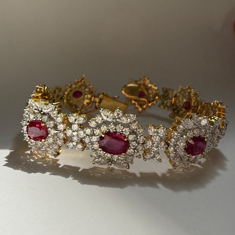 Vintage 18k Yellow Gold Ruby & Diamond Cluster Tennis Bracelet