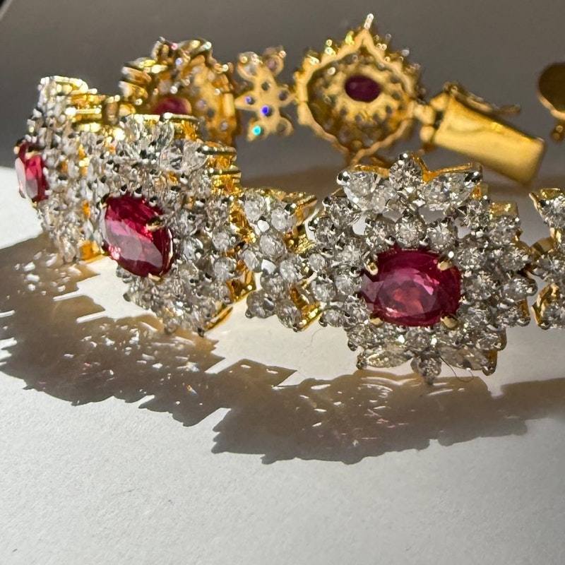 Vintage 18k Yellow Gold Ruby & Diamond Cluster Tennis Bracelet