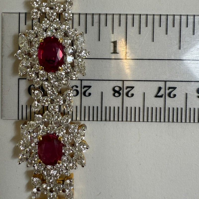 Vintage 18k Yellow Gold Ruby & Diamond Cluster Tennis Bracelet