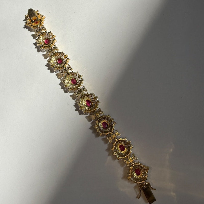 Vintage 18k Yellow Gold Ruby & Diamond Cluster Tennis Bracelet