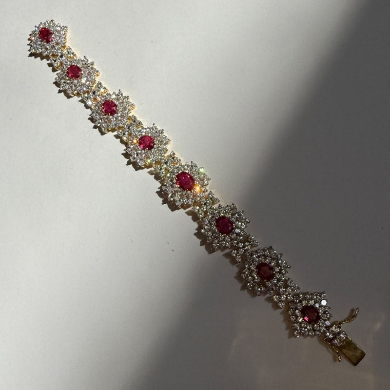 Vintage 18k Yellow Gold Ruby & Diamond Cluster Tennis Bracelet