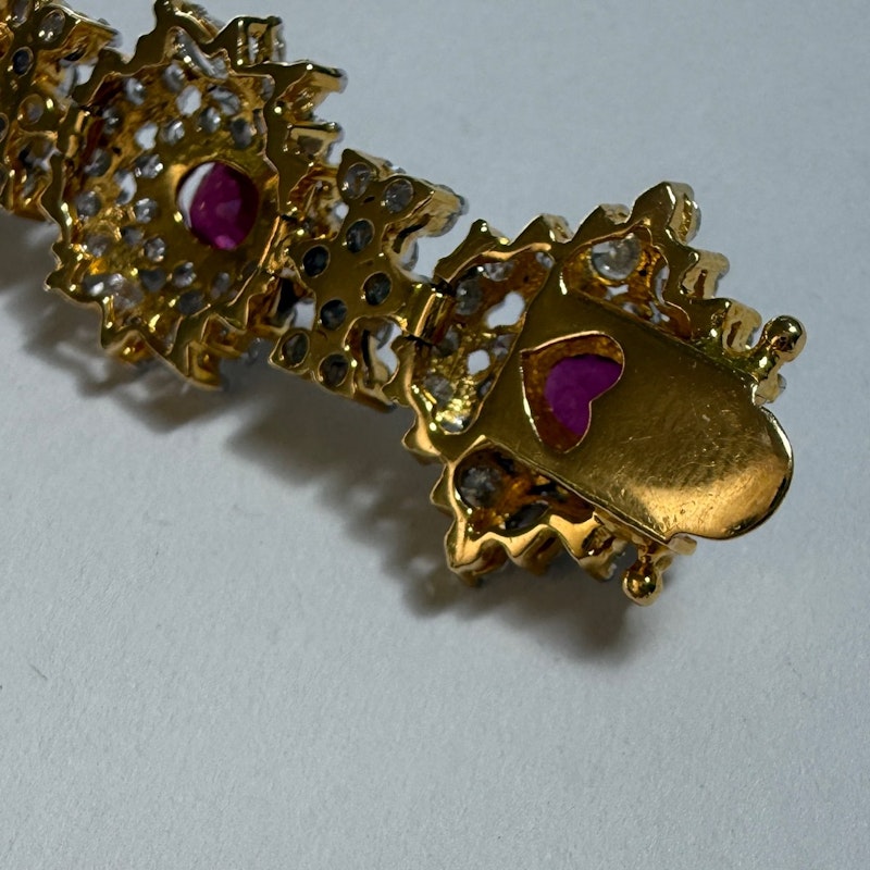 Vintage 18k Yellow Gold Ruby & Diamond Cluster Tennis Bracelet
