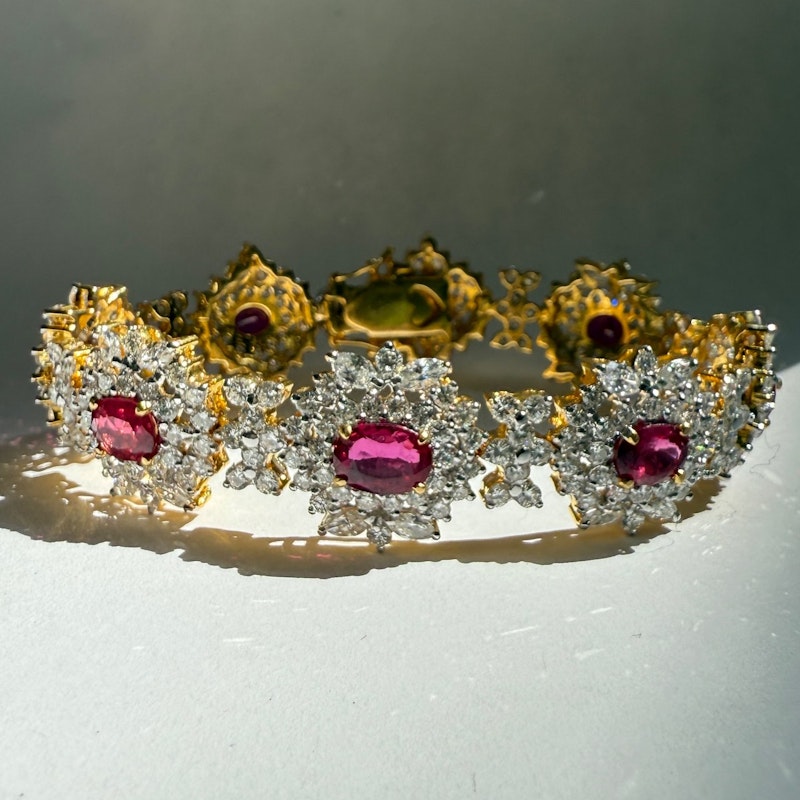 Vintage 18k Yellow Gold Ruby & Diamond Cluster Tennis Bracelet
